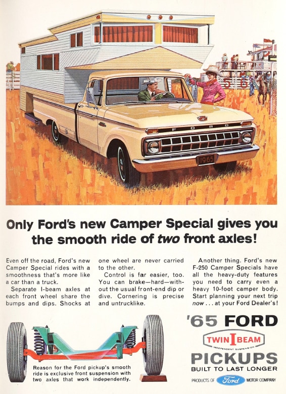 An advertisement for the industry-first Camper Special package on 1965 F-100 and F-250 pickup trucks.